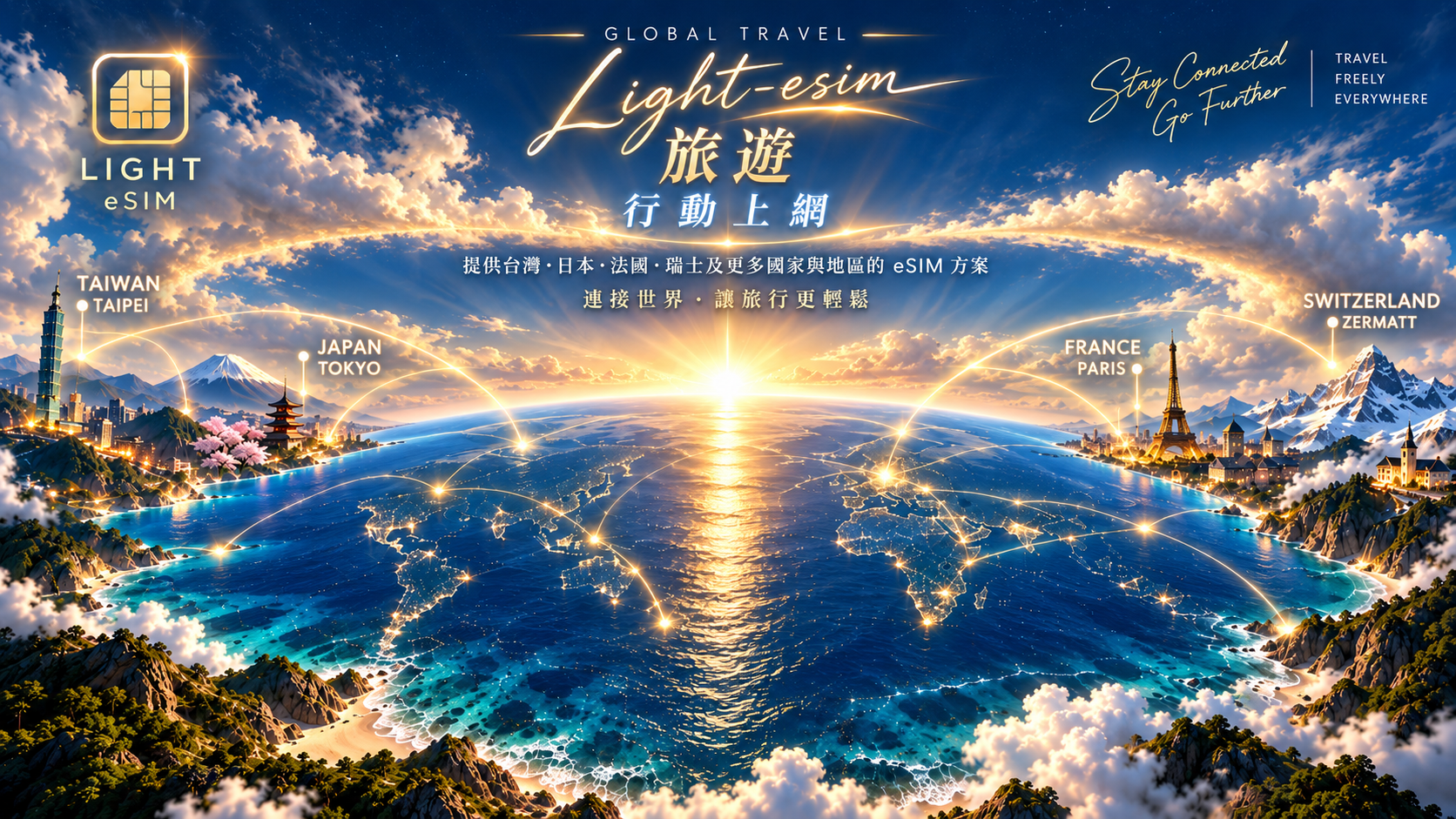 LIGHT eSIM 全球旅遊行動上網,涵蓋台灣、日本、法國與瑞士視覺主圖